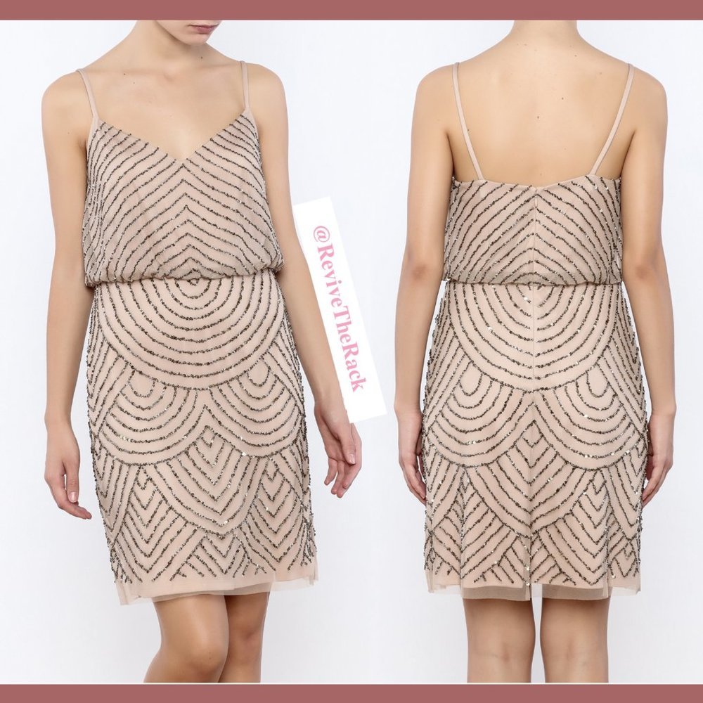 NEW Adrianna Papell Sequin Mesh‎ Blouson Dress in Taupe Pink [SZ 16 ] - Picture 6 of 10